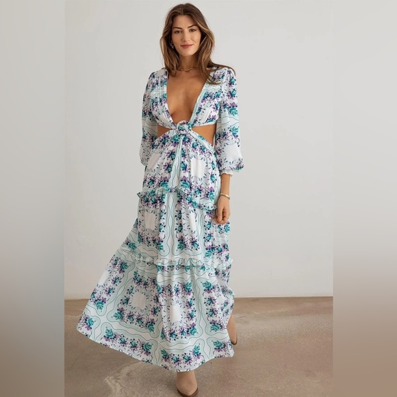 Floral Ruffle Criss-Cross Waist O-Ring cut out Maxi Dress NWT multiple sizes - Picture 7 of 7